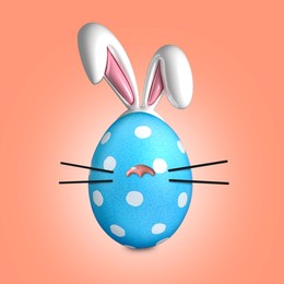 Image of Blue Easter egg with bunny ears, nose and whiskers on coral color background