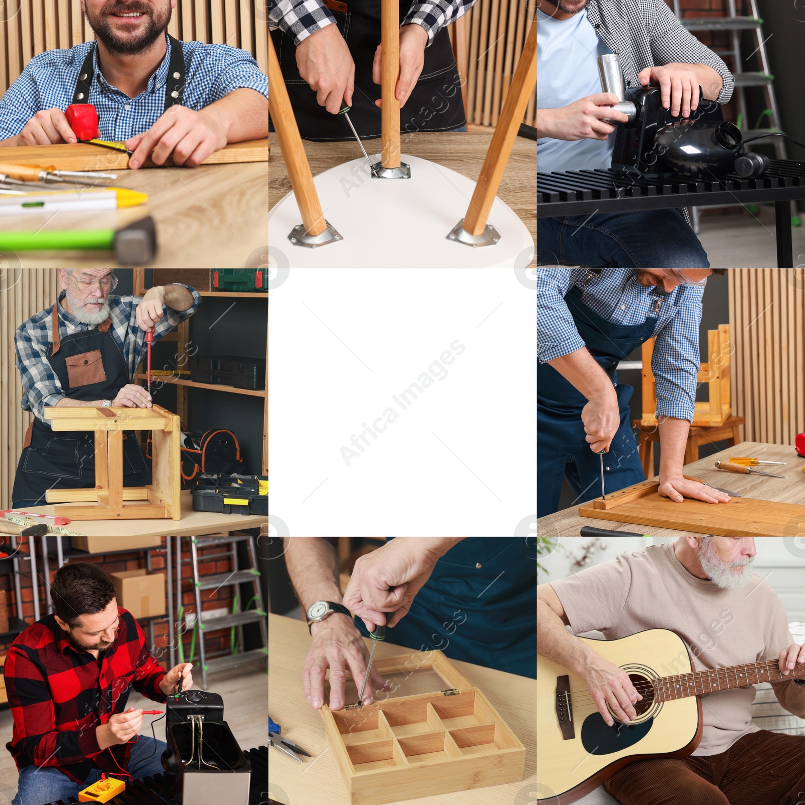 Image of Hobby. Collage with men involved in different activities and space for text