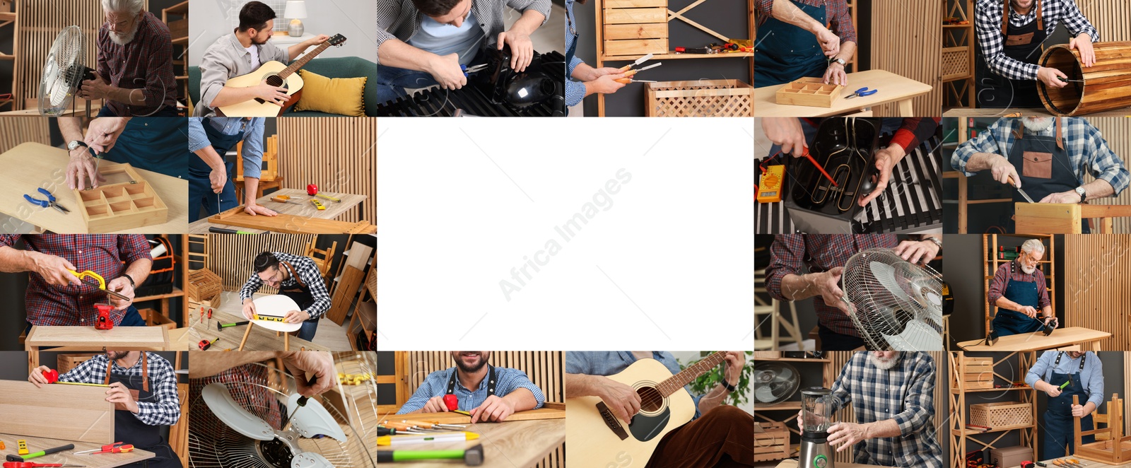 Image of Hobby. Collage with men involved in different activities and space for text. Banner design