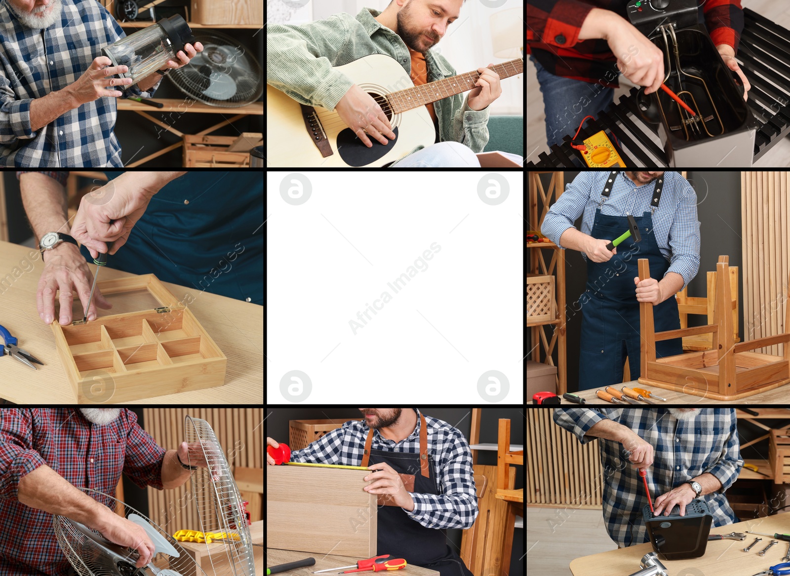 Image of Hobby. Collage with men involved in different activities and space for text