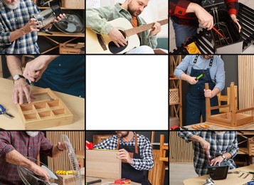 Image of Hobby. Collage with men involved in different activities and space for text