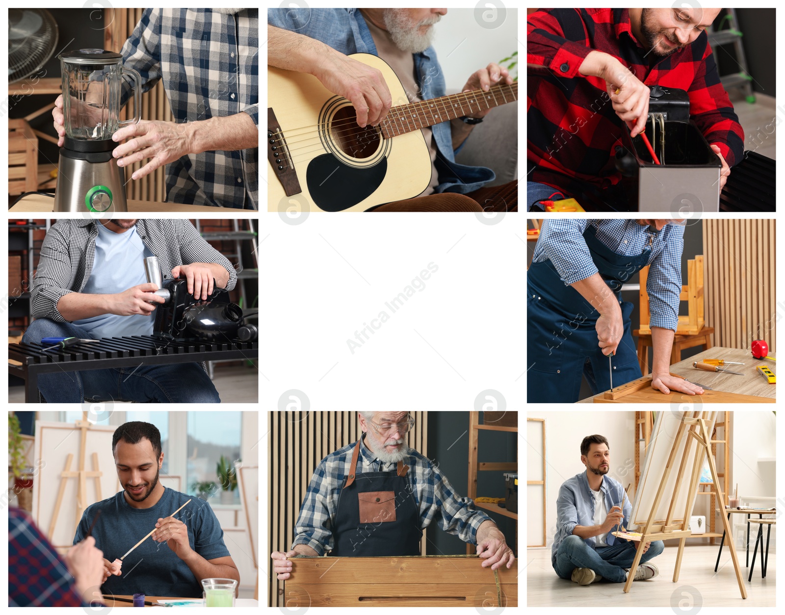 Image of Hobby. Collage with men involved in different activities and space for text