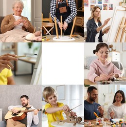 Image of Hobby. Collage with people involved in different activities and space for text