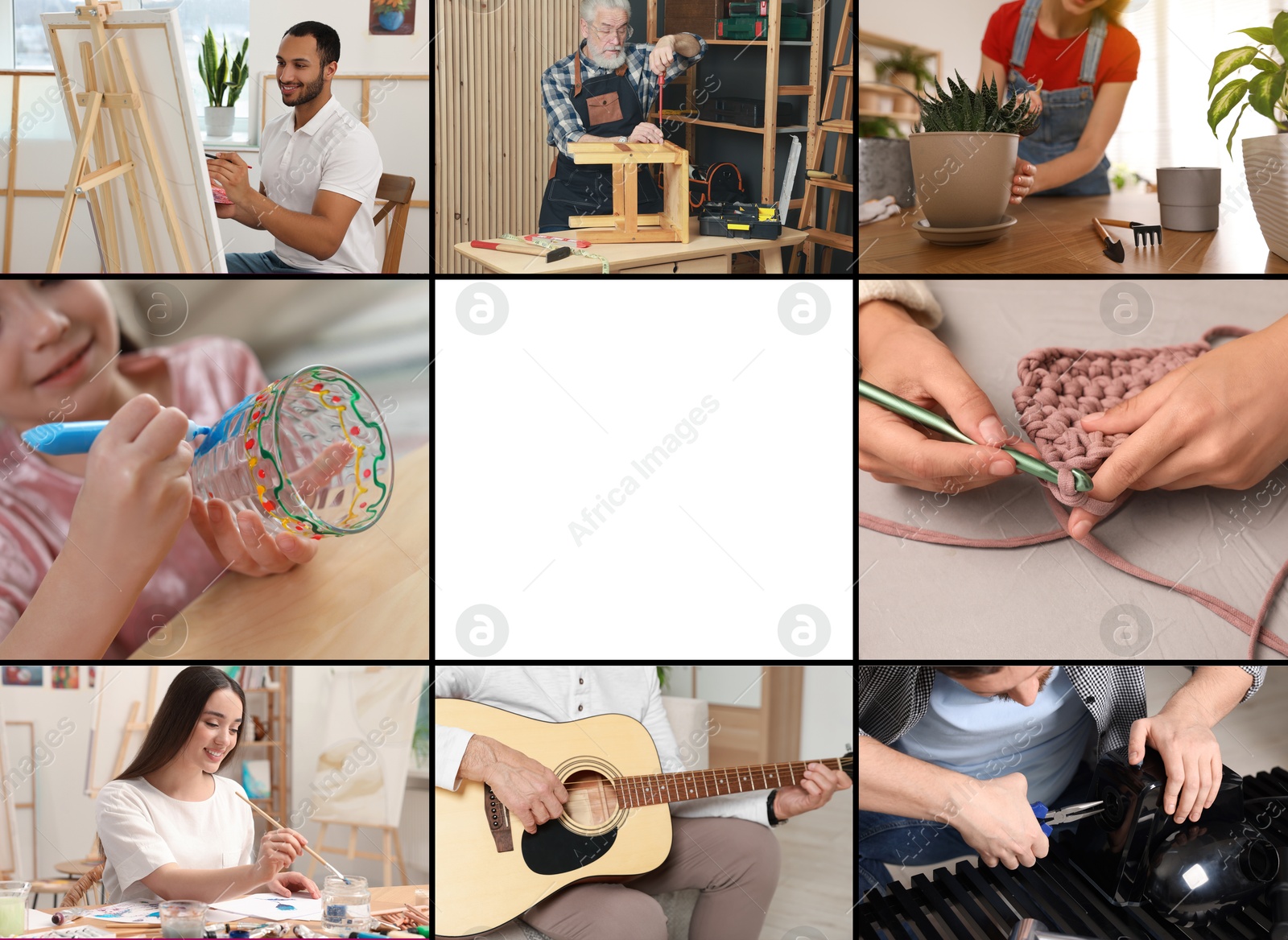 Image of Hobby. Collage with people involved in different activities and space for text