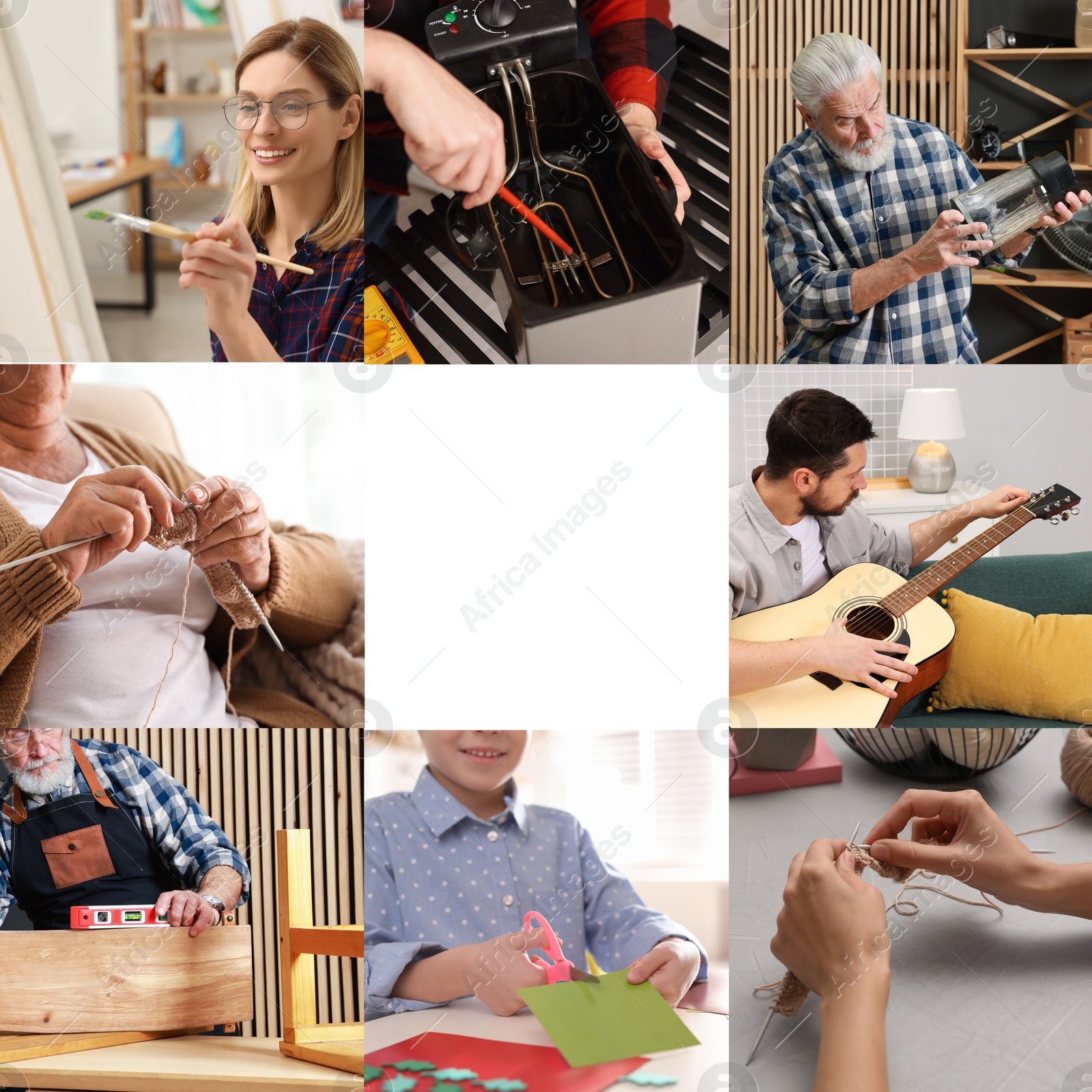 Image of Hobby. Collage with people involved in different activities and space for text