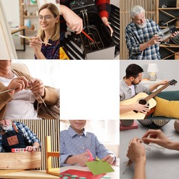 Image of Hobby. Collage with people involved in different activities and space for text