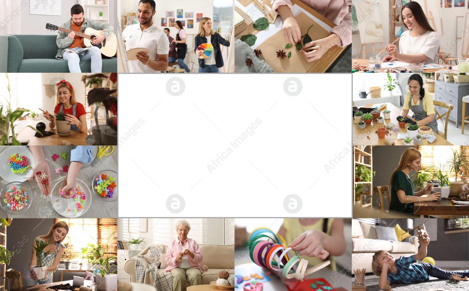 Image of Hobby. Collage with people involved in different activities and space for text