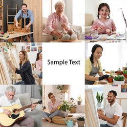 Image of Hobby. Collage with people involved in different activities and space for text