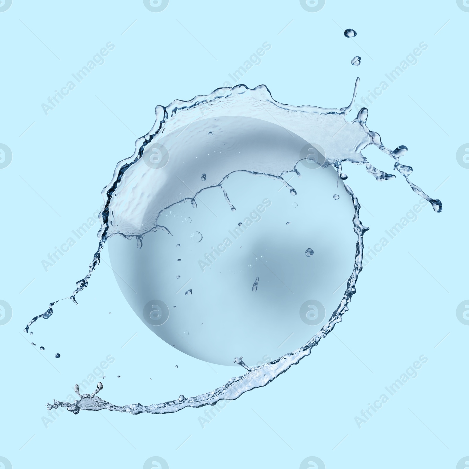 Drop of cosmetic serum and splashing water on light blue background Image of Drop of cosmetic serum and splashing water on light blue background