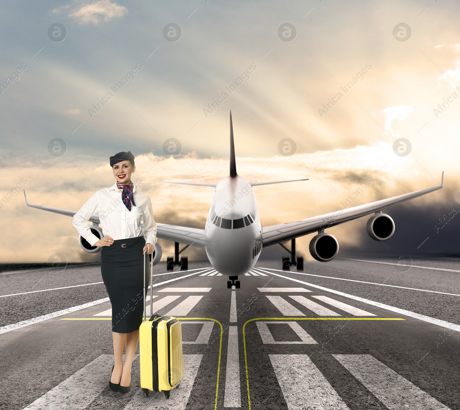 Image of Smiling stewardess with suitcase waiting to board airplane on runway