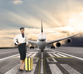 Smiling stewardess with suitcase waiting to board airplane on runway