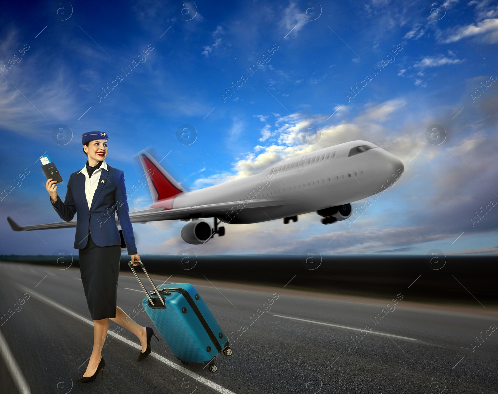 Image of Smiling stewardess with suitcase, passport and airline ticket on runway. Airplane taking off behind her