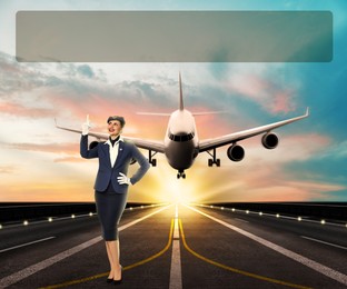 Smiling stewardess pointing at space for aviation promotion on runway. Airplane landing behind her