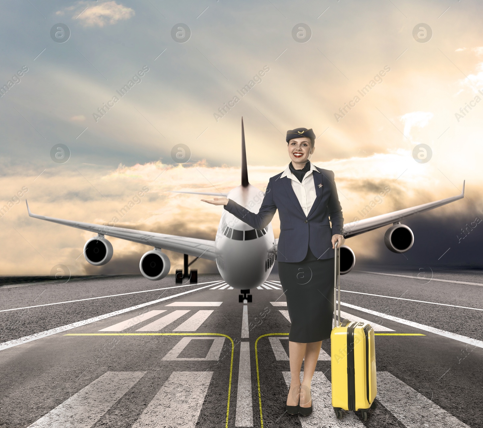 Image of Smiling stewardess with suitcase waiting to board airplane on runway