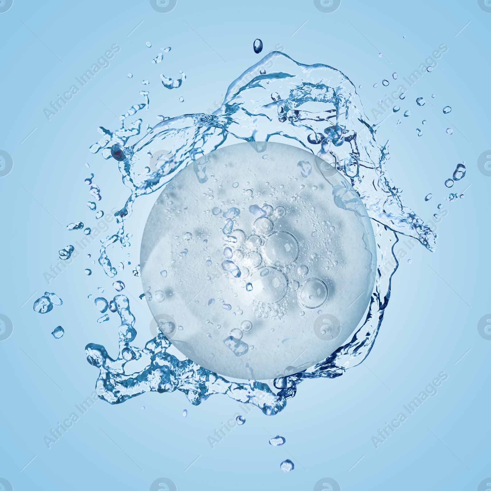 Drop of cosmetic serum and splashing water on light blue background Image of Drop of cosmetic serum and splashing water on light blue background