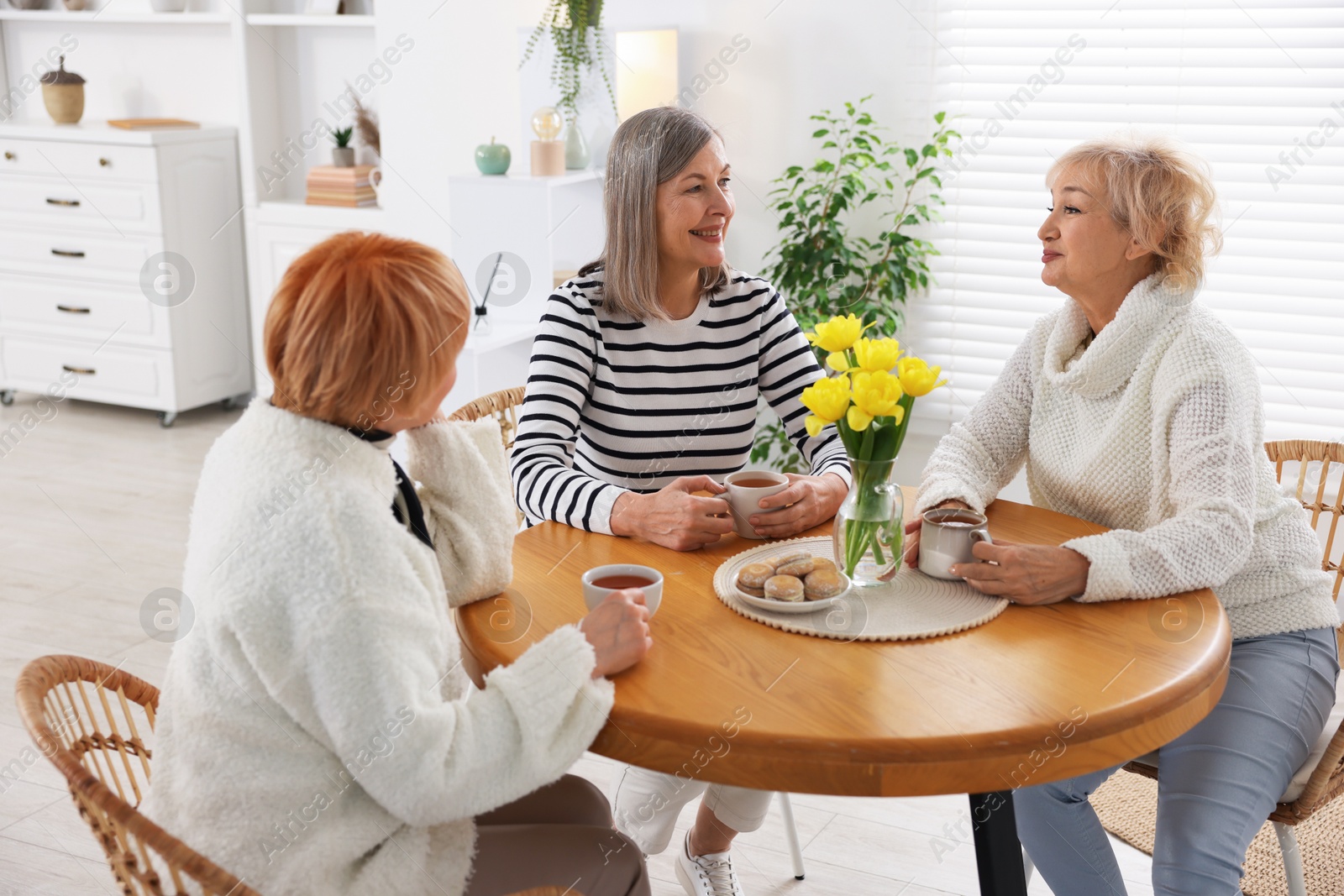 Photo of Friendship. Senior women enjoying hot drinks at table indoors