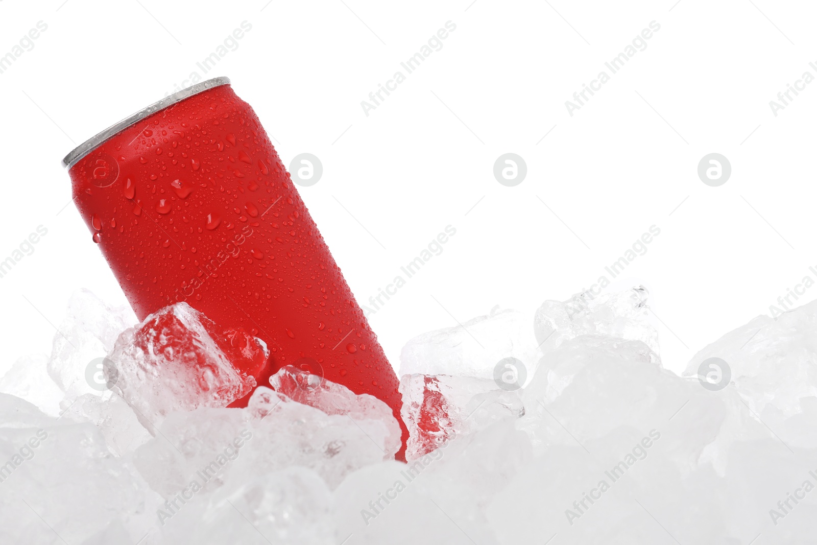 Refreshing drink in can on ice cubes against white background Photo of Refreshing drink in can on ice cubes against white background