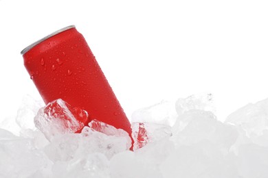 Photo of Refreshing drink in can on ice cubes against white background