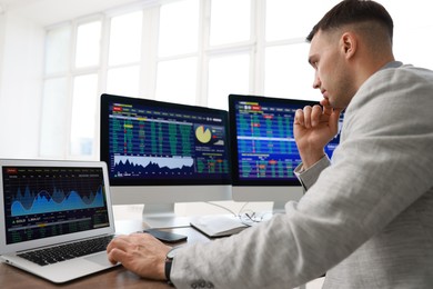 Financial trading specialist working on computer and laptop in office