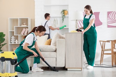 Professional cleaning service team working in room