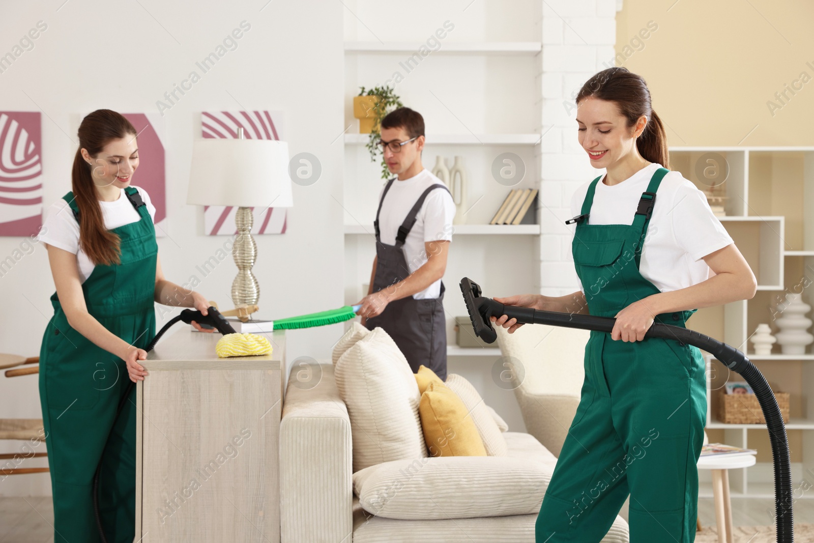 Photo of Professional cleaning service team working in room