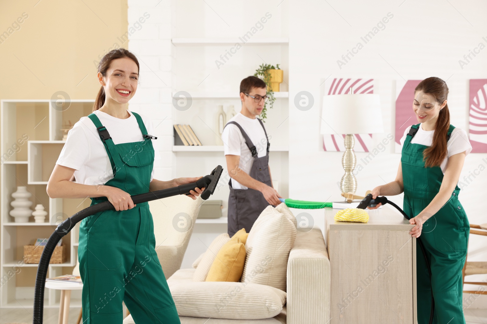 Photo of Professional cleaning service team working in room