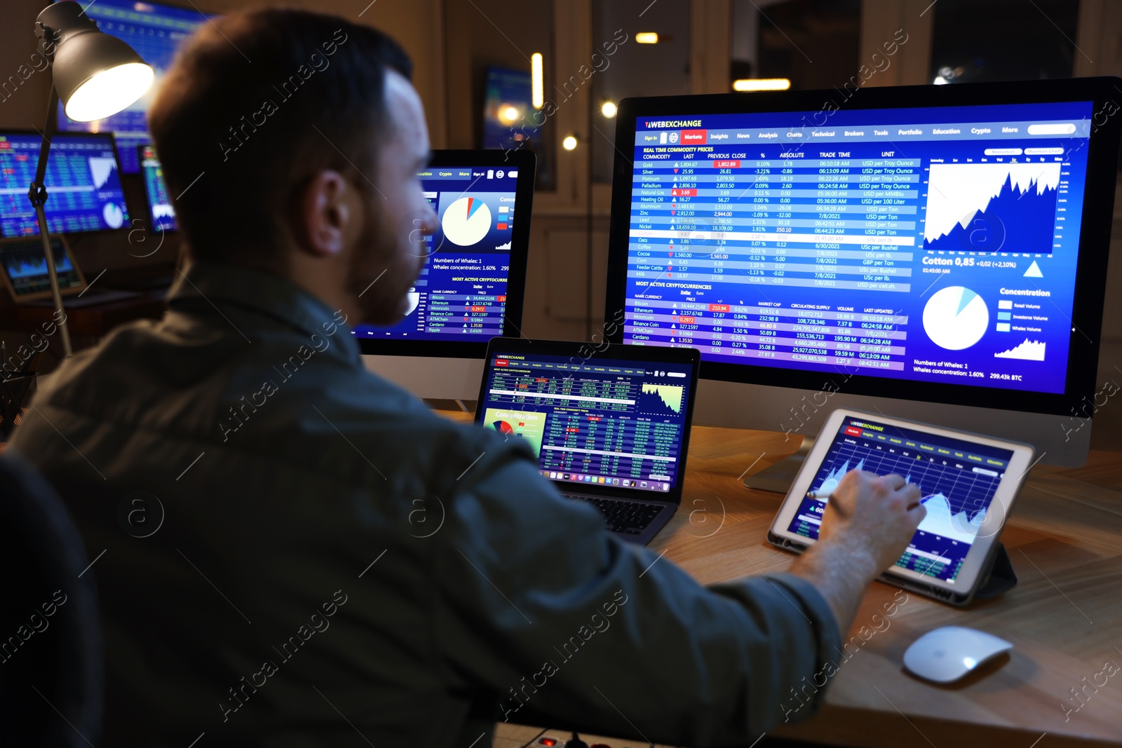 Photo of Financial trading specialist working in office at night, selective focus