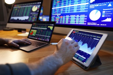 Financial trading specialist working on tablet in office at night, closeup