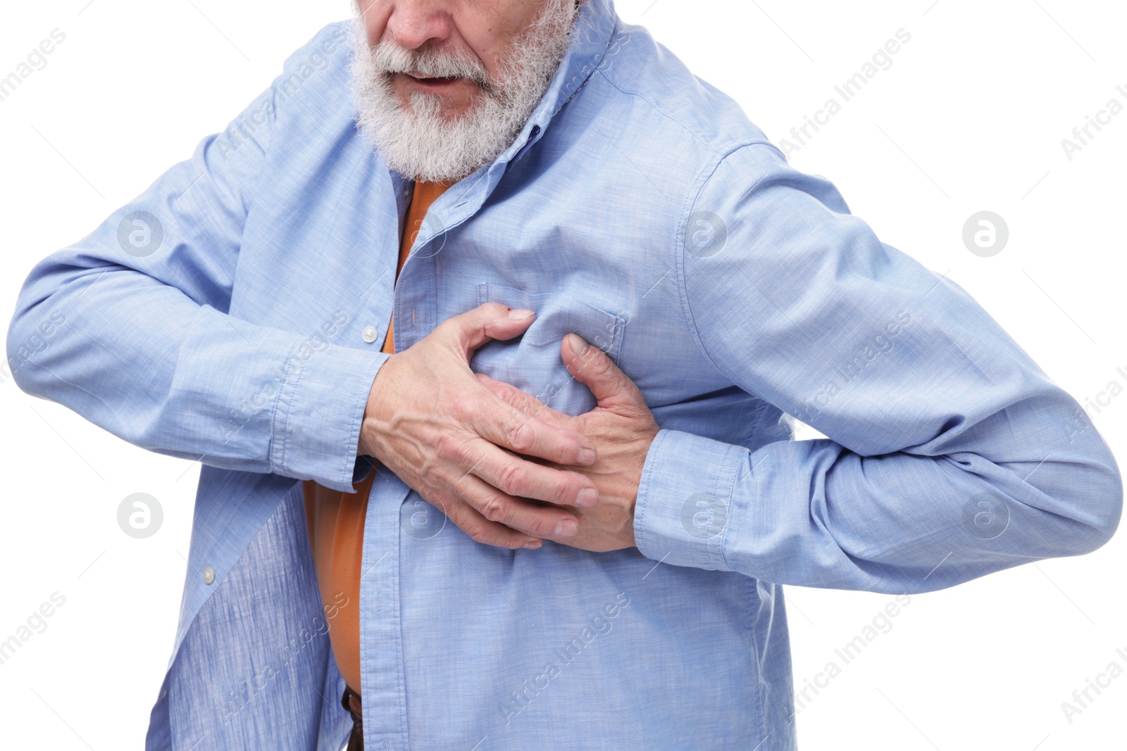 Photo of Heart attack. Senior man suffering from pain in chest on white background, closeup