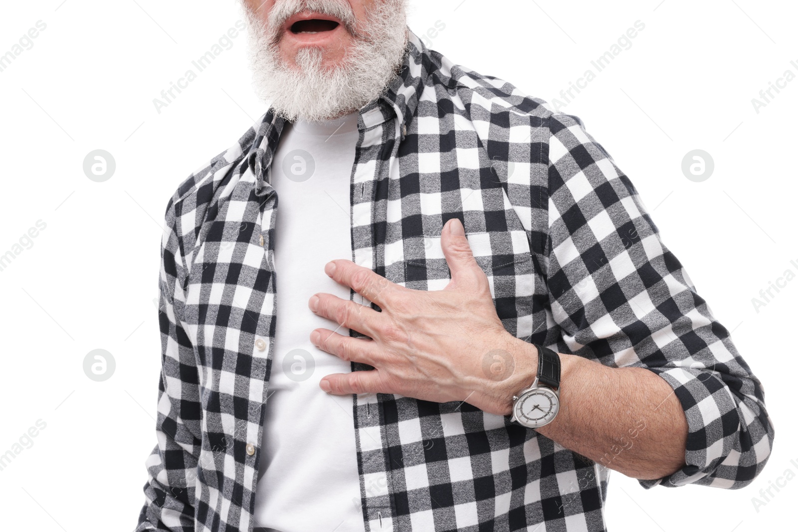 Photo of Heart attack. Senior man suffering from pain in chest on white background, closeup