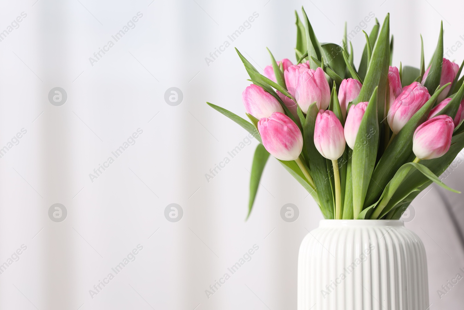 Photo of Bouquet of beautiful tulips in vase indoors, closeup. Space for text