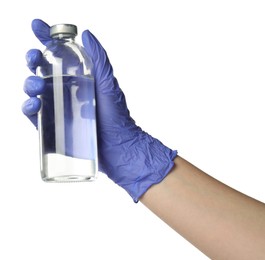 Photo of Doctor in medical glove holding bottle of medication on white background, closeup