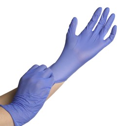 Photo of Doctor putting on medical gloves against white background, closeup