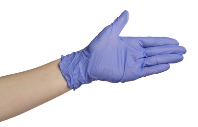 Photo of Doctor in medical glove on white background, closeup