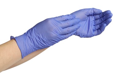 Photo of Doctor putting on medical gloves against white background, closeup