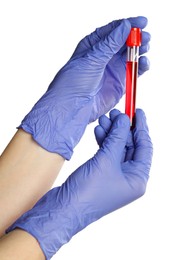 Photo of Doctor in medical gloves holding test tube with blood sample on white background, closeup