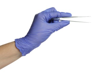 Photo of Doctor in medical glove holding tweezers on white background, closeup