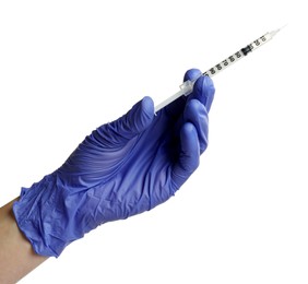 Photo of Doctor in medical glove holding syringe on white background, closeup