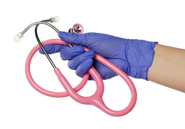 Photo of Doctor in medical glove holding stethoscope on white background, closeup