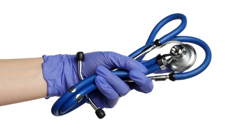 Photo of Doctor in medical glove holding stethoscope on white background, closeup