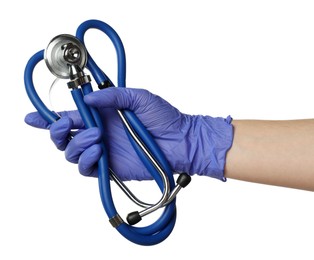 Photo of Doctor in medical glove holding stethoscope on white background, closeup