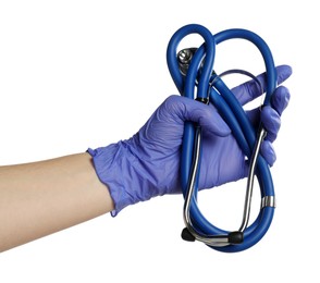 Photo of Doctor in medical glove holding stethoscope on white background, closeup