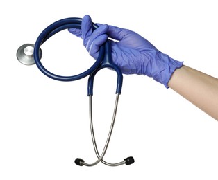 Photo of Doctor in medical glove holding stethoscope on white background, closeup