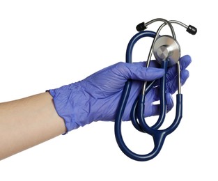 Photo of Doctor in medical glove holding stethoscope on white background, closeup