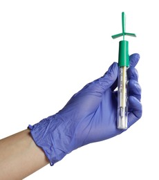 Photo of Doctor in medical glove holding thermometer on white background, closeup