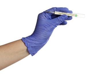 Photo of Doctor in medical glove holding thermometer on white background, closeup