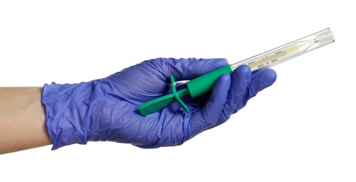 Photo of Doctor in medical glove holding thermometer on white background, closeup