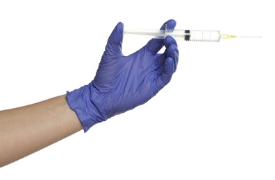 Photo of Doctor in medical glove holding syringe on white background, closeup