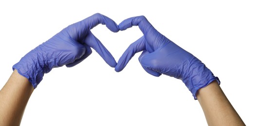 Photo of Doctor in medical gloves making heart gesture on white background, closeup