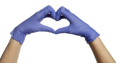 Photo of Doctor in medical gloves making heart gesture on white background, closeup